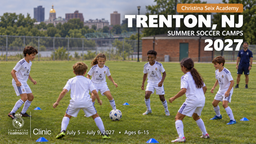 Landscape Real Madrid Foundation Clinic promotional artwork for Trenton, NJ at Christina Seix Academy; July 5–9, 2027; ages 6–15. Generated soccer scene.