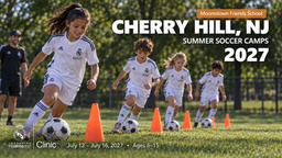Landscape Real Madrid Foundation Clinic promotional artwork for Cherry Hill, NJ at Moorestown Friends School; July 12–16, 2027; ages 6–15. Generated soccer scene.