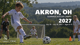 2027 Real Madrid Foundation Clinic promotional artwork for Akron, OH; July 26 – July 30, 2027; ages 6–15. Distinct generated youth soccer scene.