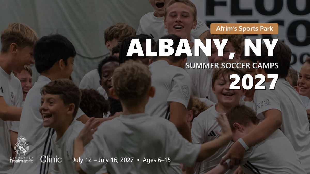 Real Madrid Foundation summer soccer camp 2027 in Albany, NY, July 12 – July 16, 2027. Ages 6–15.