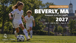 Landscape Real Madrid Foundation Clinic camp artwork for Beverly, MA; July 5 - July 9, 2027; ages 6–15. Updated September 30, 2026. Generated promotional soccer scene.