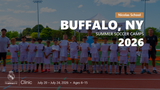 Kids in Real Madrid camp uniforms standing in a row holding certificates during the Buffalo, NY 2026 summer camp.
