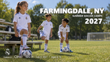 2027 Real Madrid Foundation Clinic promotional artwork for Farmingdale, NY; June 28 – July 2, 2027; ages 6–15. Distinct generated youth soccer scene.