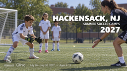 2027 Real Madrid Foundation Clinic promotional artwork for Hackensack, NJ; July 26 – July 30, 2027; ages 6–15. Distinct generated youth soccer scene.