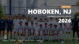 Group of kids and trainers in Real Madrid uniforms with coaches posing for a 2026 summer soccer camp photo in Hoboken, NJ at 1600 Park.