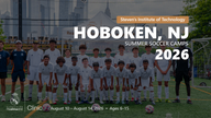 Group of soccer players posing on a field with text about Hoboken, NJ summer soccer camps 2026.