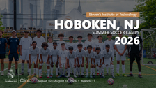 Group of soccer players posing on a field with text about Hoboken, NJ summer soccer camps 2026.