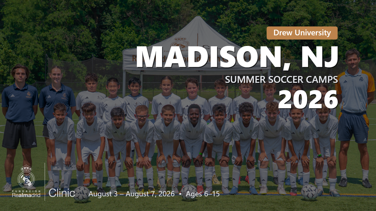 Group of kids in Real Madrid uniforms with coaches posing for a 2026 summer soccer camp photo in Madison, NJ at Drew University.