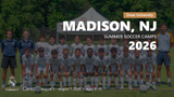 Group of kids in Real Madrid uniforms with coaches posing for a 2026 summer soccer camp photo in Madison, NJ at Drew University.