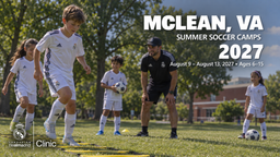 Landscape Real Madrid Foundation Clinic camp artwork for McLean, VA; August 9 - August 13, 2027; ages 6–15. Updated September 30, 2026.