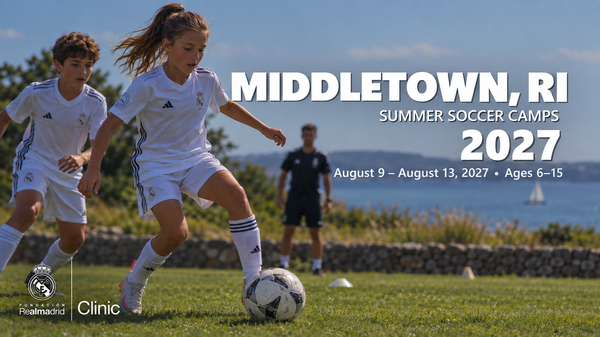 Landscape Real Madrid Foundation Clinic camp artwork for Middletown, RI; August 9 - August 13, 2027; ages 6–15. Updated September 30, 2026. Generated promotional soccer scene.