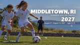 Landscape Real Madrid Foundation Clinic camp artwork for Middletown, RI; August 9 - August 13, 2027; ages 6–15. Updated September 30, 2026. Generated promotional soccer scene.