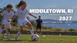 Landscape Real Madrid Foundation Clinic camp artwork for Middletown, RI; August 9 - August 13, 2027; ages 6–15. Updated September 30, 2026. Generated promotional soccer scene.