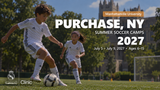 Landscape Real Madrid Foundation Clinic camp artwork for Purchase, NY; July 5 - July 9, 2027; ages 6–15. Updated September 30, 2026. Generated promotional soccer scene.