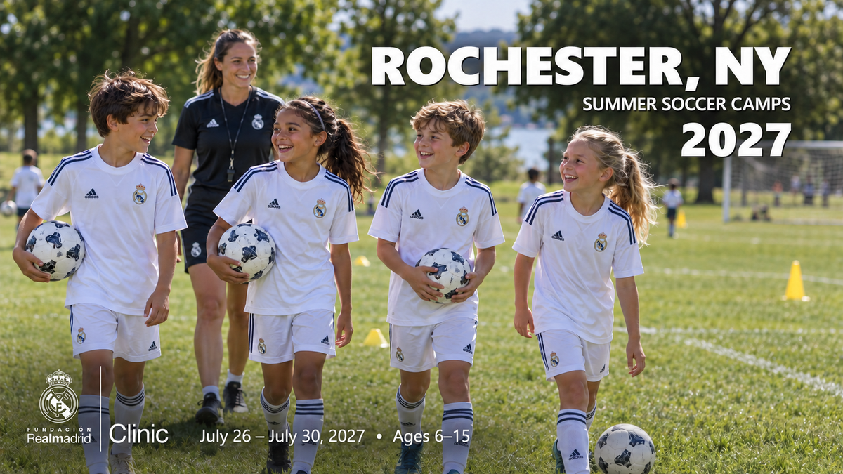 Landscape Real Madrid Foundation Clinic camp artwork for Rochester, NY; July 26 - July 30, 2027; ages 6–15. Updated September 30, 2026.