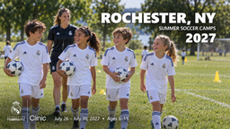 Landscape Real Madrid Foundation Clinic camp artwork for Rochester, NY; July 26 - July 30, 2027; ages 6–15. Updated September 30, 2026.