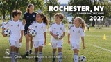 2027 Real Madrid Foundation Clinic promotional artwork for Rochester, NY; August 9 – August 13, 2027; ages 6–15. Distinct generated youth soccer scene.