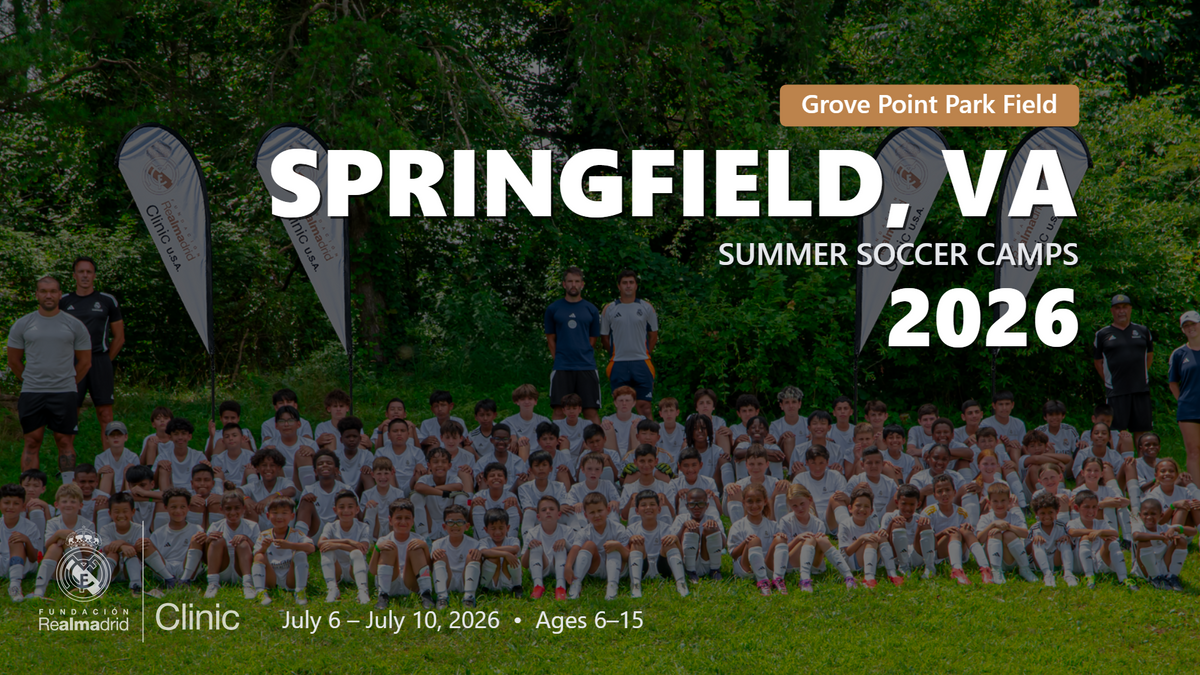 Large group photo of kids and coaches in Real Madrid camp uniforms during the Springfield, VA 2026 summer soccer camp.
