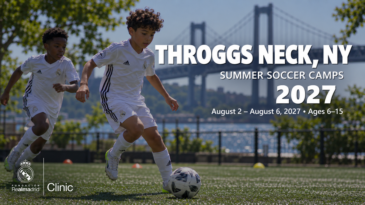 Landscape Real Madrid Foundation Clinic camp artwork for Throggs Neck, NY; August 2 - August 6, 2027; ages 6–15. Updated September 30, 2026. Generated promotional soccer scene.