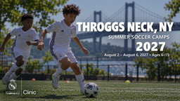 Landscape Real Madrid Foundation Clinic camp artwork for Throggs Neck, NY; August 2 - August 6, 2027; ages 6–15. Updated September 30, 2026. Generated promotional soccer scene.