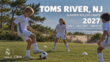 2027 Real Madrid Foundation Clinic promotional artwork for Toms River, NJ; July 5 – July 9, 2027; ages 6–15. Distinct generated youth soccer scene.