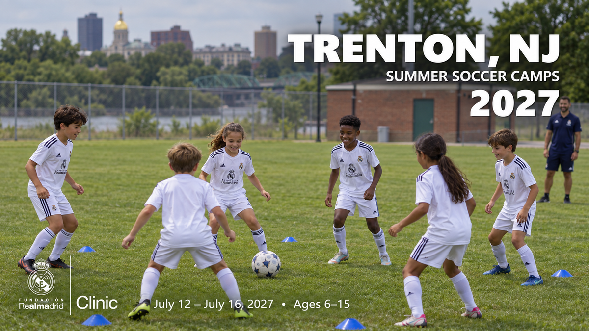 2027 Real Madrid Foundation Clinic promotional artwork for Trenton, NJ; July 12 – July 16, 2027; ages 6–15. Distinct generated youth soccer scene.